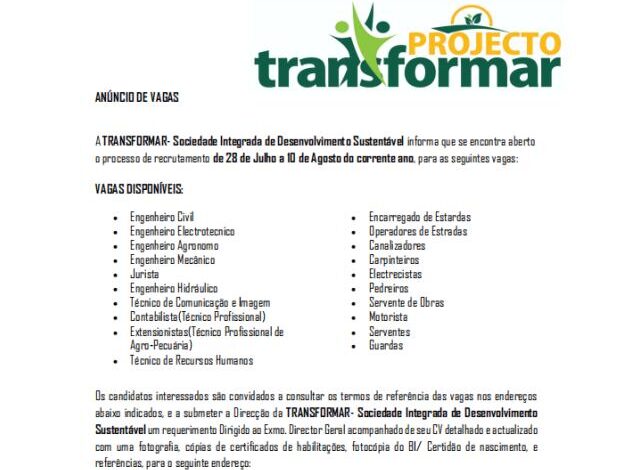 A transformar, abre (20) vagas de emprego em diversas áreas