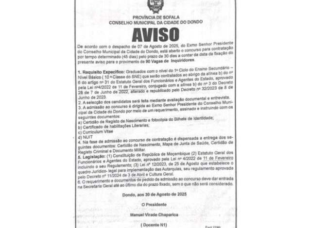 Vagas para (90) inquiridores com 10* classe