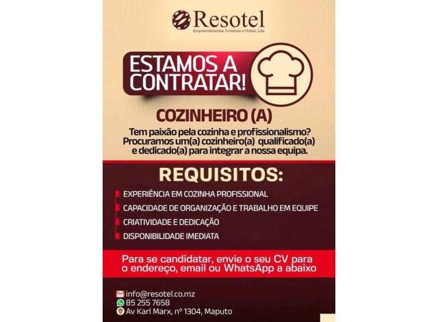"estamos a contratar'' (01) cozinheiro (a) resotel
