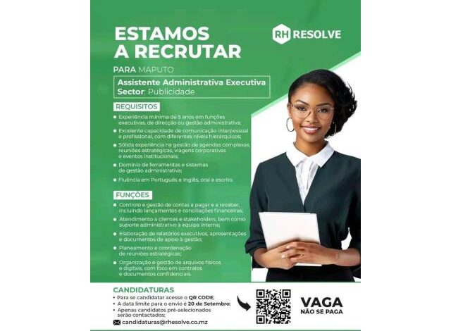 Vaga para assistente administrativa executiva