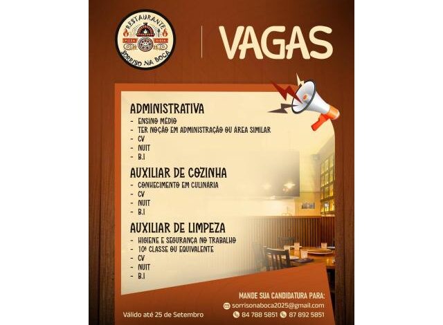 Vagas num restaurante (auxiliar de cozinha, auxiliar de limpeza, e