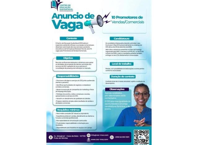 Vagas para (10) prmotores de vendas com 12ª classe