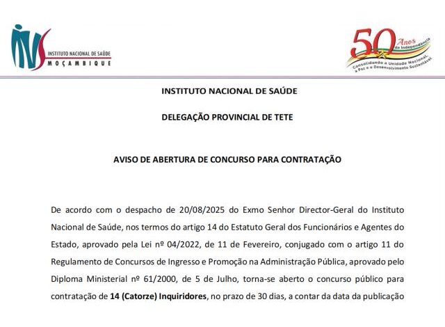 Vagas para (14) inquiridores com 12ª classe