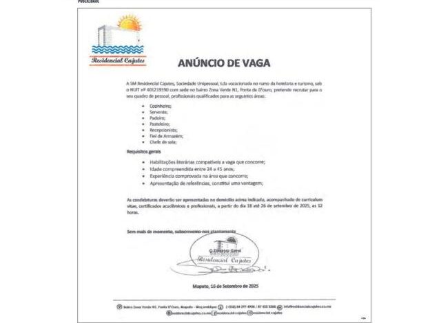 Vagas para (cozinheiro servente, padeiro, pasteleiro, recepcionista, fiel de armazém,