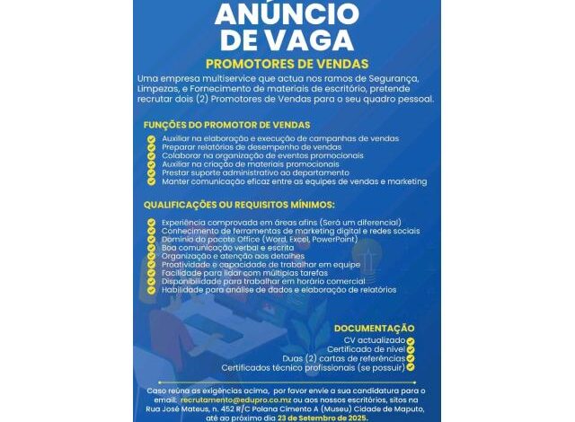 Vagas para dois (2) promotores de vendas