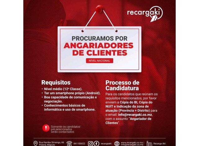 A empresa recarga aki pretende recrutar mais de (30) angariadores