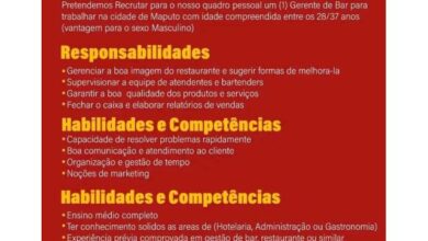 Vaga gerente de restaurante e bar