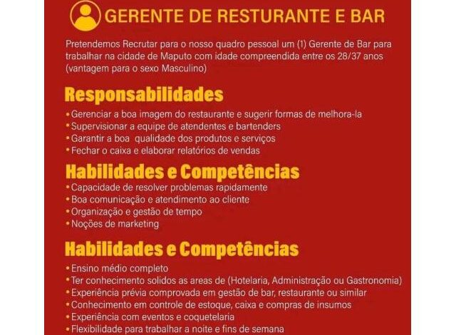 Vaga gerente de restaurante e bar