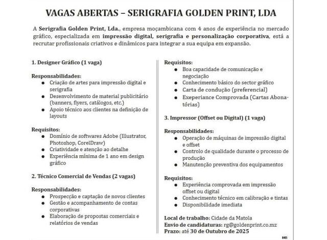 Vagas abertas – serigrafia golden print, lda