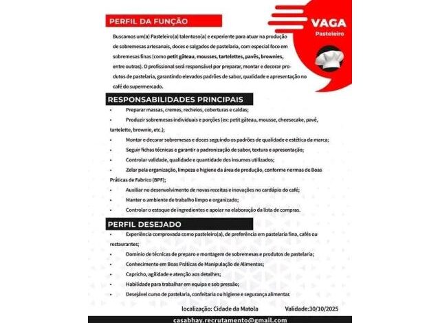 Vaga: pasteleiro(a) mais vagas