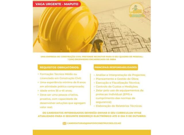 Vaga para engenheiro encarregado de obra
