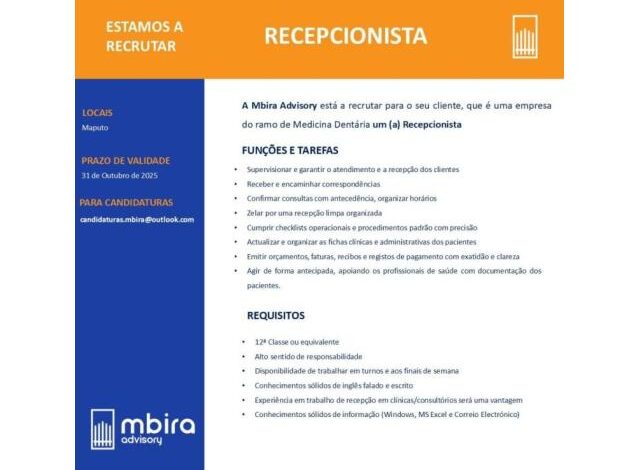 Vaga – recepcionista, para maputo