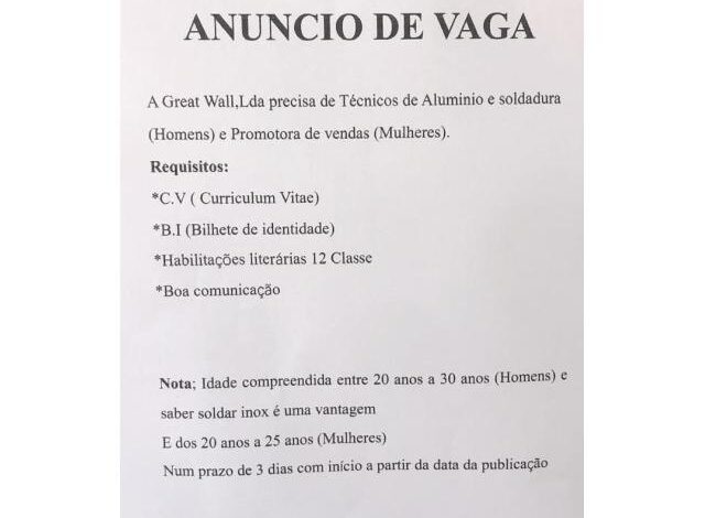 Vagas na great wall para: tecnicos de aluminio e soldadura