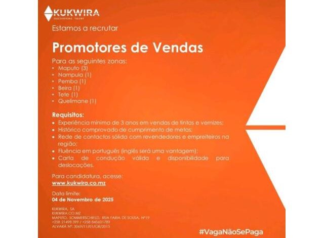 Vagas para (08) promotores de vendas