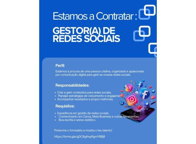 Vaga para gestor(a) de redes sociais