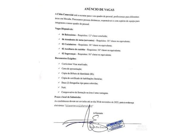 Vagas para (06) serventes, (04) balconistas, (02) cozinheiros, ....