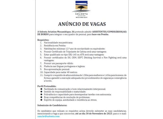 Vagas para assistentes/comissários(as) de bordo com 12* classe