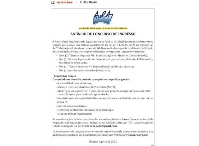 A aura, ip, abre (05) vagas de emprego em diversas