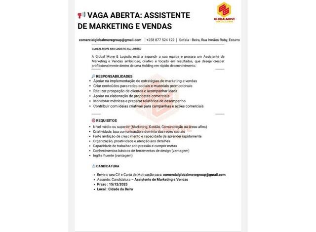 Vaga aberta: assistente de marketing e vendas