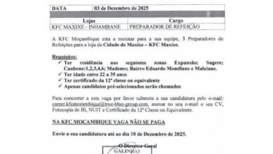 Vagas para (03) preparadores de refeição – kfc maxixe