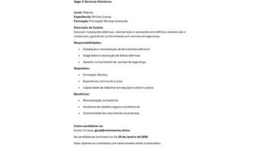 Vagas – (05) técnicos de eletricidade