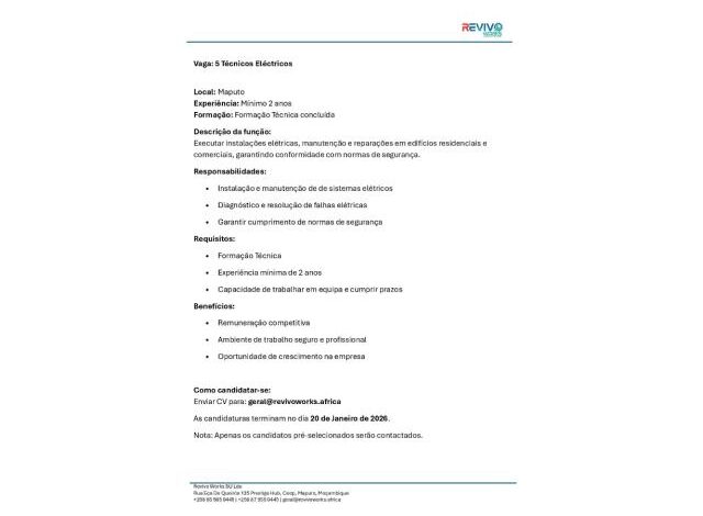 Vagas – (05) técnicos de eletricidade