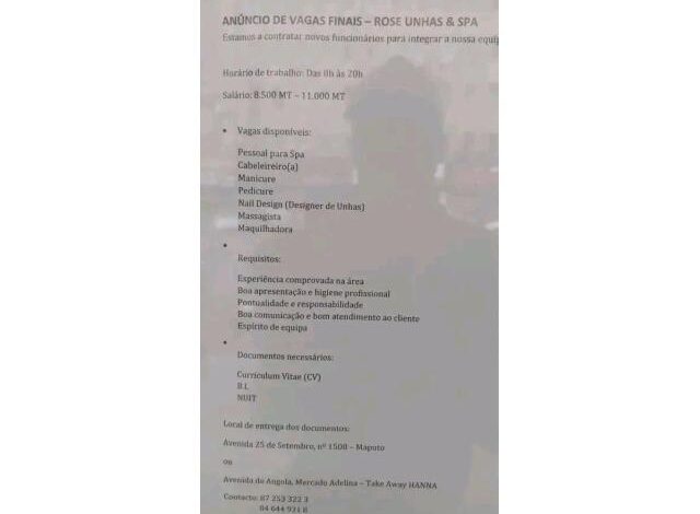 Rose unhas & spa está a contratar em diversas áreas