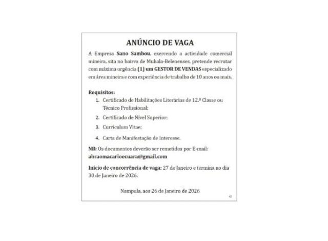 Vaga – gestor de vendas