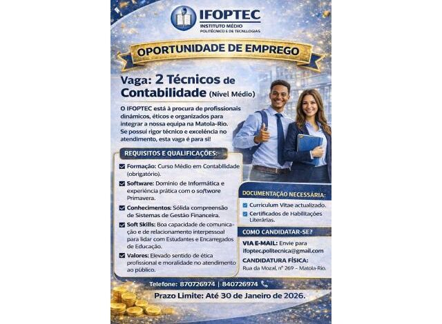 Emprego para (02) técnicos de contabilidade ifoptec