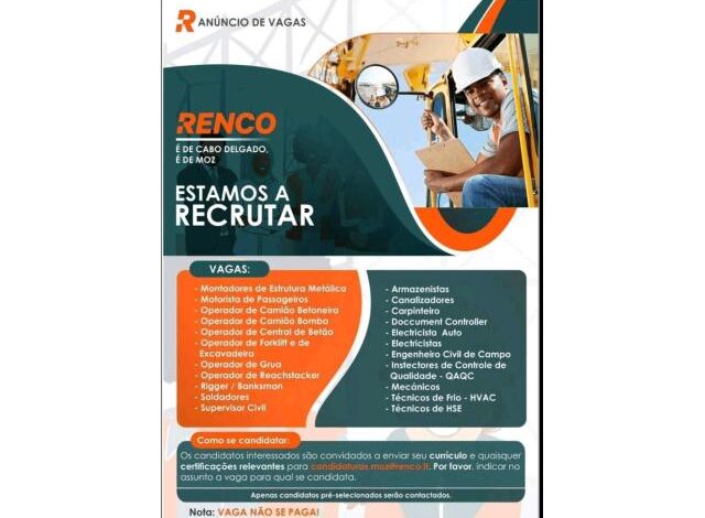 Renco abre vagas de emprego em diversas áreas