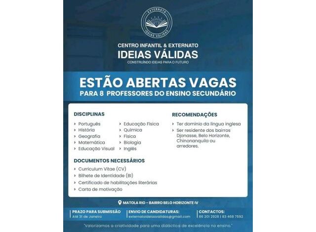 Vagas para 8 professores do ensino secundÁrio
