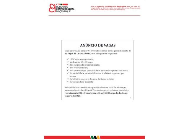 Vagas – (12) operadores mais vagas