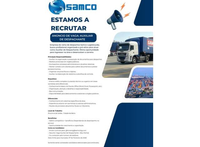 Vaga para auxiliar de despachante com 12* classe
