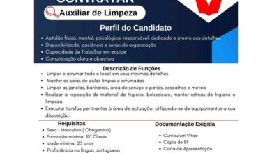 Vaga para auxiliar de limpeza 10ª classe