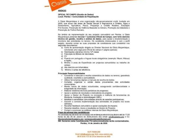 Vaga para oficial de campo (gestao de dados) oásis moçambique