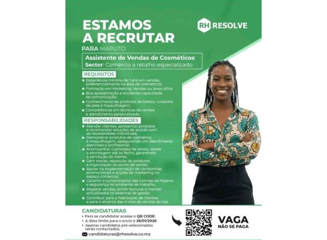 Vaga – assistente de vendas de cosméticos