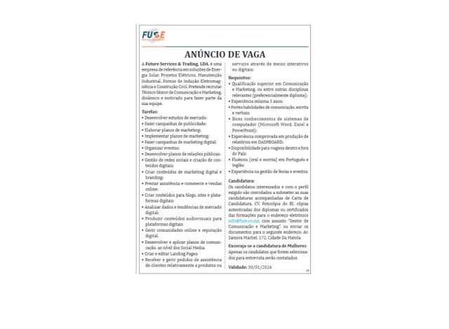 Vaga – técnico sénior de comunicação e marketing