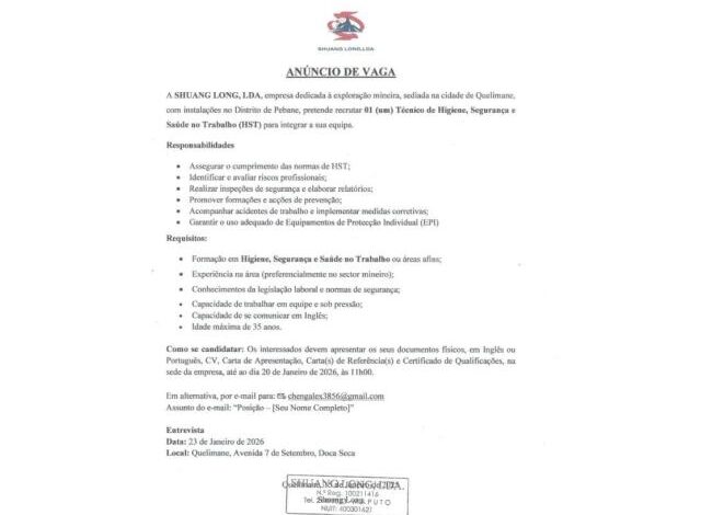 Vaga – técnico de higiene, segurança e saúde no trabalho