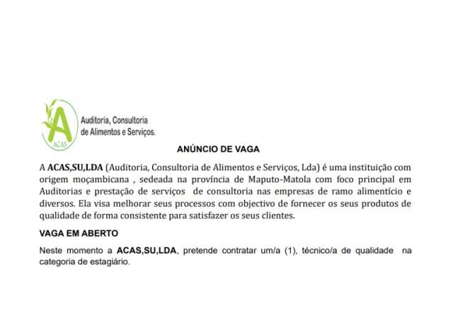 Vaga – técnico de qualidade estagiário