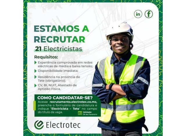 Vagas para (21) electricistas na electrotec