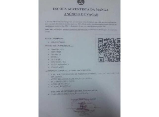 Vagas para (24) professores do ensino primario e secundario