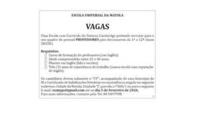 Vagas – professores para leccionarem da 1ª a 12ª classe