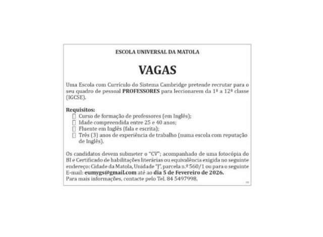 Vagas – professores para leccionarem da 1ª a 12ª classe