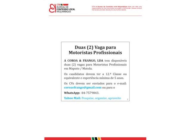 Vagas para (2) motoristas profissionais em maputo/matola