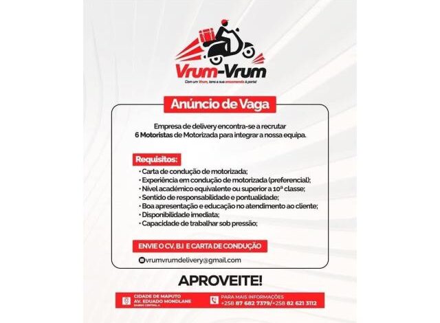 Vaga para (6) motoristas de motorizada