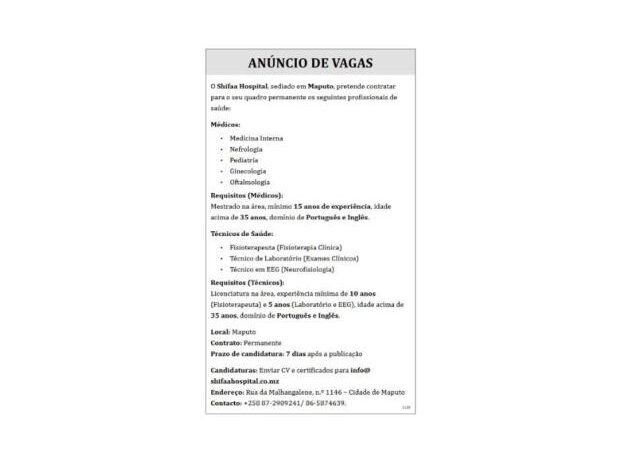 A shifaa hospital abre (08) vagas para médicos e técnicos