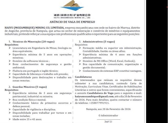 Haiyu (mozambique) mining co, limitada, abre (30) vagas