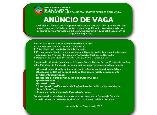 O conselho municipal de nampula esta a recrutar (15) motoristas