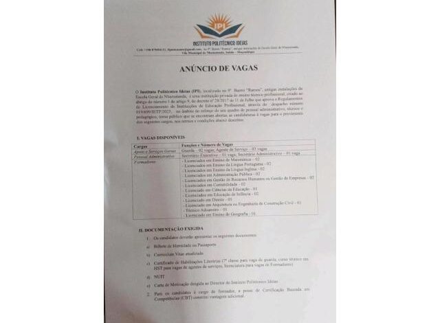 O instituto politécnico ideias (ipd), abre (26) vagas de emprego