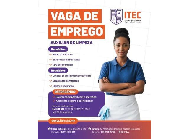Vaga de emprego auxiliar de limpeza